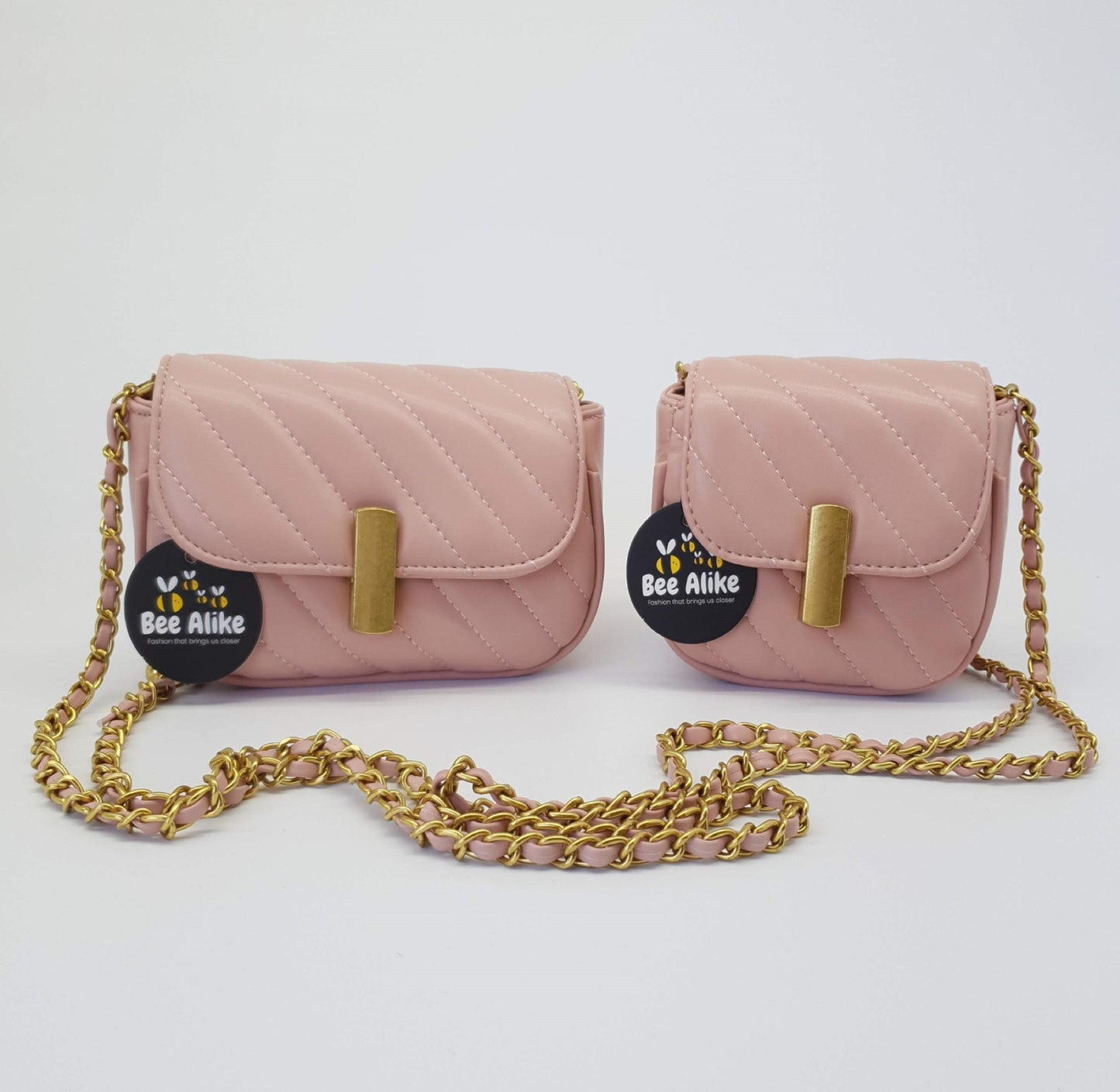 Mother Daughter Matching bags, Mother Daughter bag in pink, gold chain shoulder straps. Mother Daughter bag 